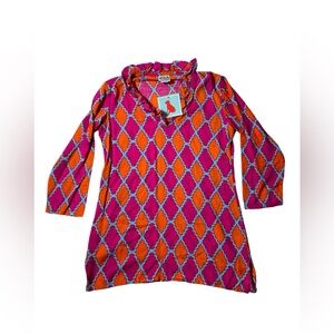 NWT Haley and the hound geometric Ruffle Neck Tunic Womens Size XS Blue Orange